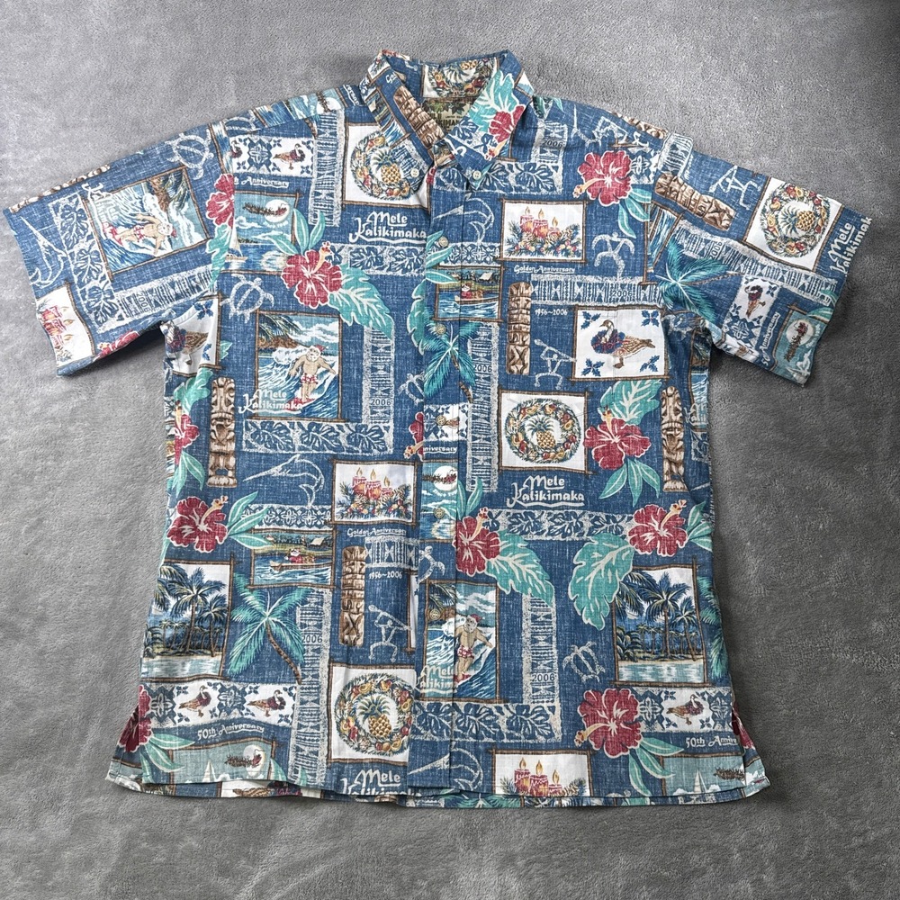 Reyn Spooner Shirt Mens L Blue Mele Kalikimaka 2006 Christmas Hawaiian Aloha